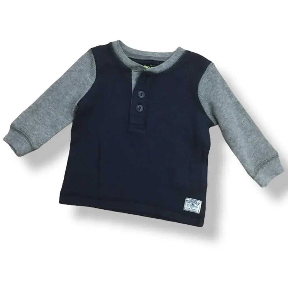 OshKosh B'Gosh Boys Shirt Size 6 Months Navy Blue Gray Thermal Henley Knit NEW